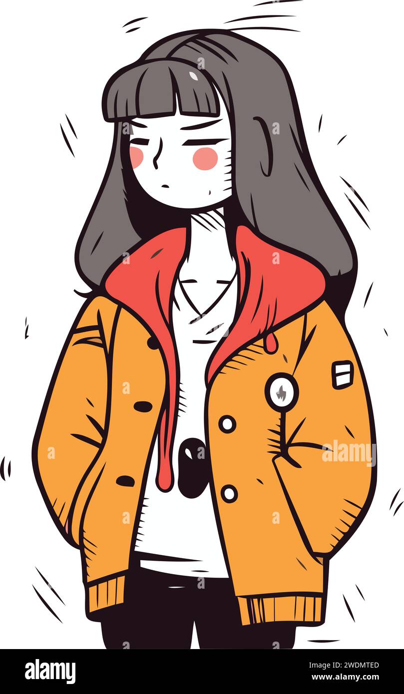 Vector illustration of a girl in a yellow coat. Cartoon style Stock