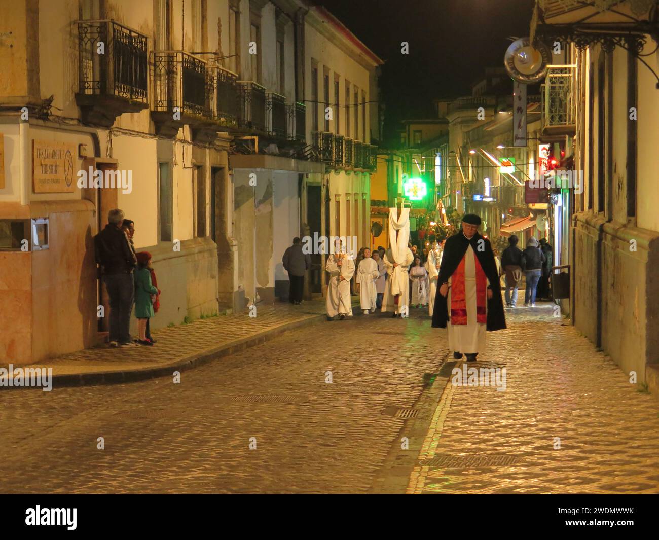 Portugal, Azores, Acores, Ponta Delgada, religious street procession, stations of the cross, Saturday night before Easter, La penitencia, Easter Celeb Stock Photo