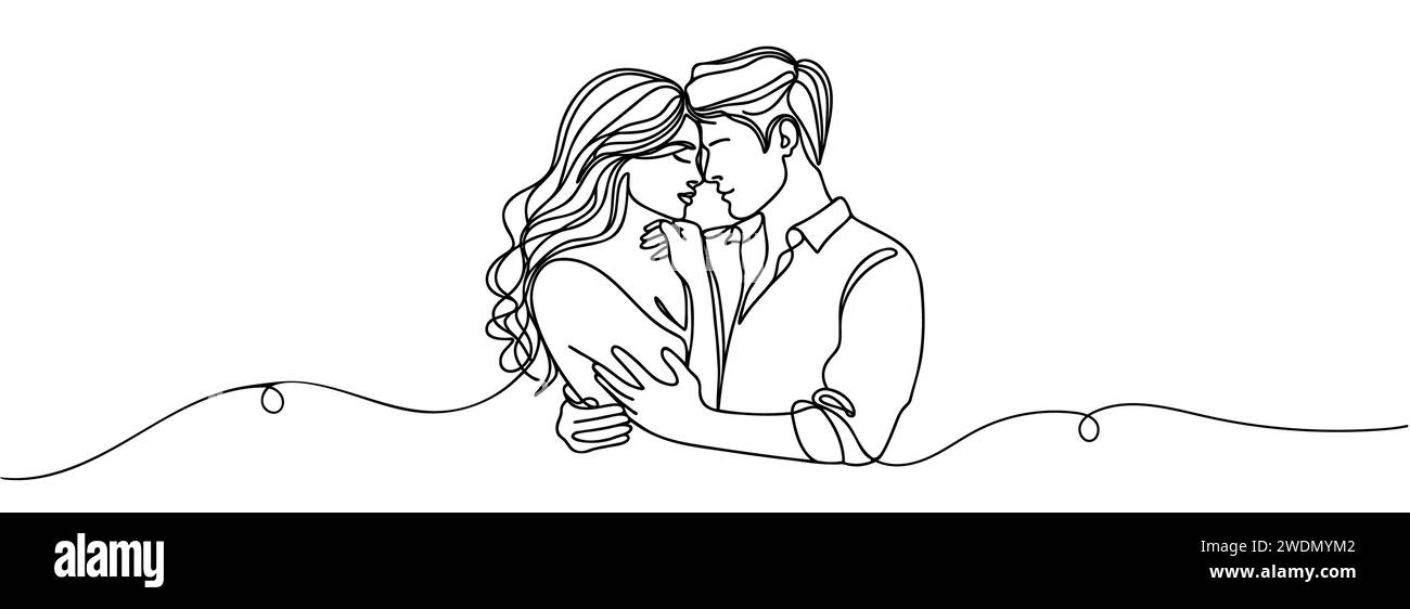 continuous drawing in one line of a guy and a girl in love hugging each ...
