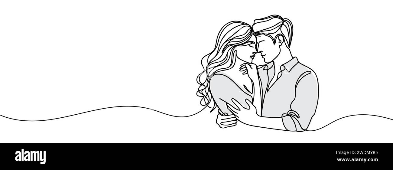 continuous drawing in one line of a guy and a girl in love hugging each ...
