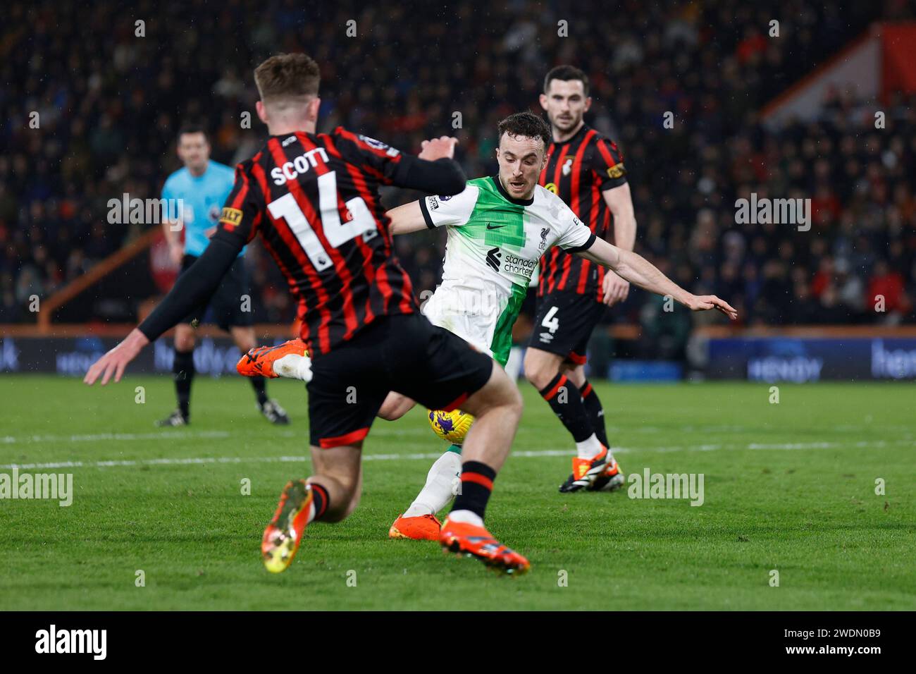Vitality Stadium, Boscombe, Dorset, UK. 21st Jan, 2024. Premier League Football, AFC Bournemouth versus Liverpool; Diogo Jota of Liverpool win the tackle with Scott of Bournemouth and shoots and scores the third goal for 3-0 in the 79th minute Credit: Action Plus Sports/Alamy Live News Stock Photo