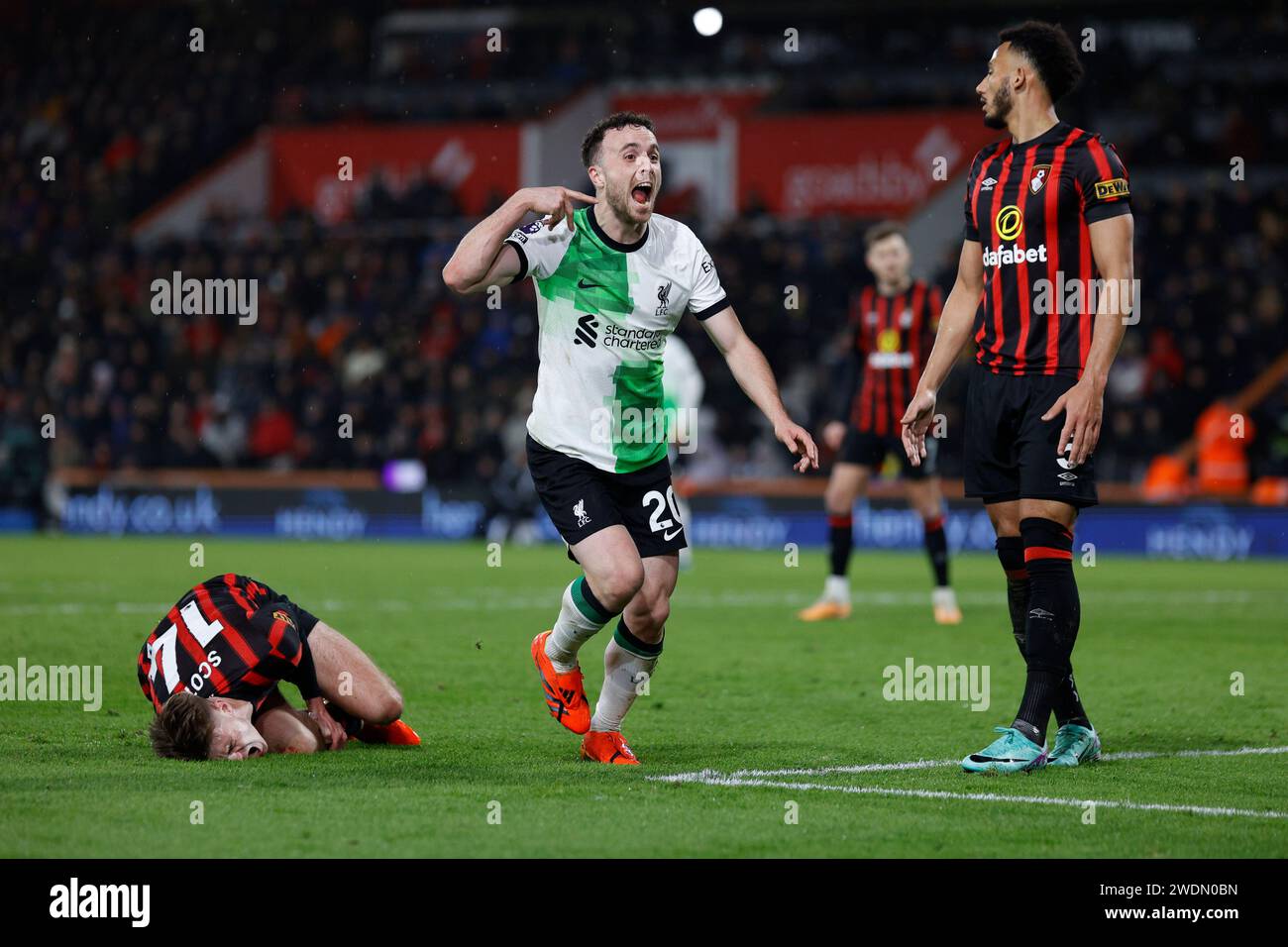 Vitality Stadium, Boscombe, Dorset, UK. 21st Jan, 2024. Premier League Football, AFC Bournemouth versus Liverpool; Diogo Jota of Liverpool celebates after scoring the third goal for 3-0 in the 79th minute Credit: Action Plus Sports/Alamy Live News Stock Photo