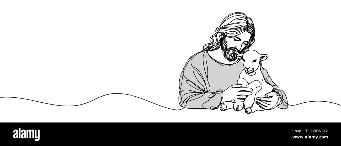 continuous drawing of Jesus Christ holding a lamb in his arms Stock ...