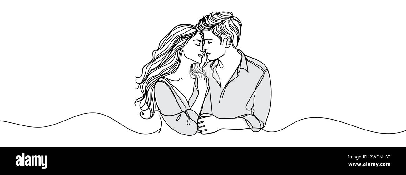 continuous drawing in one line of a guy and a girl in love hugging each ...