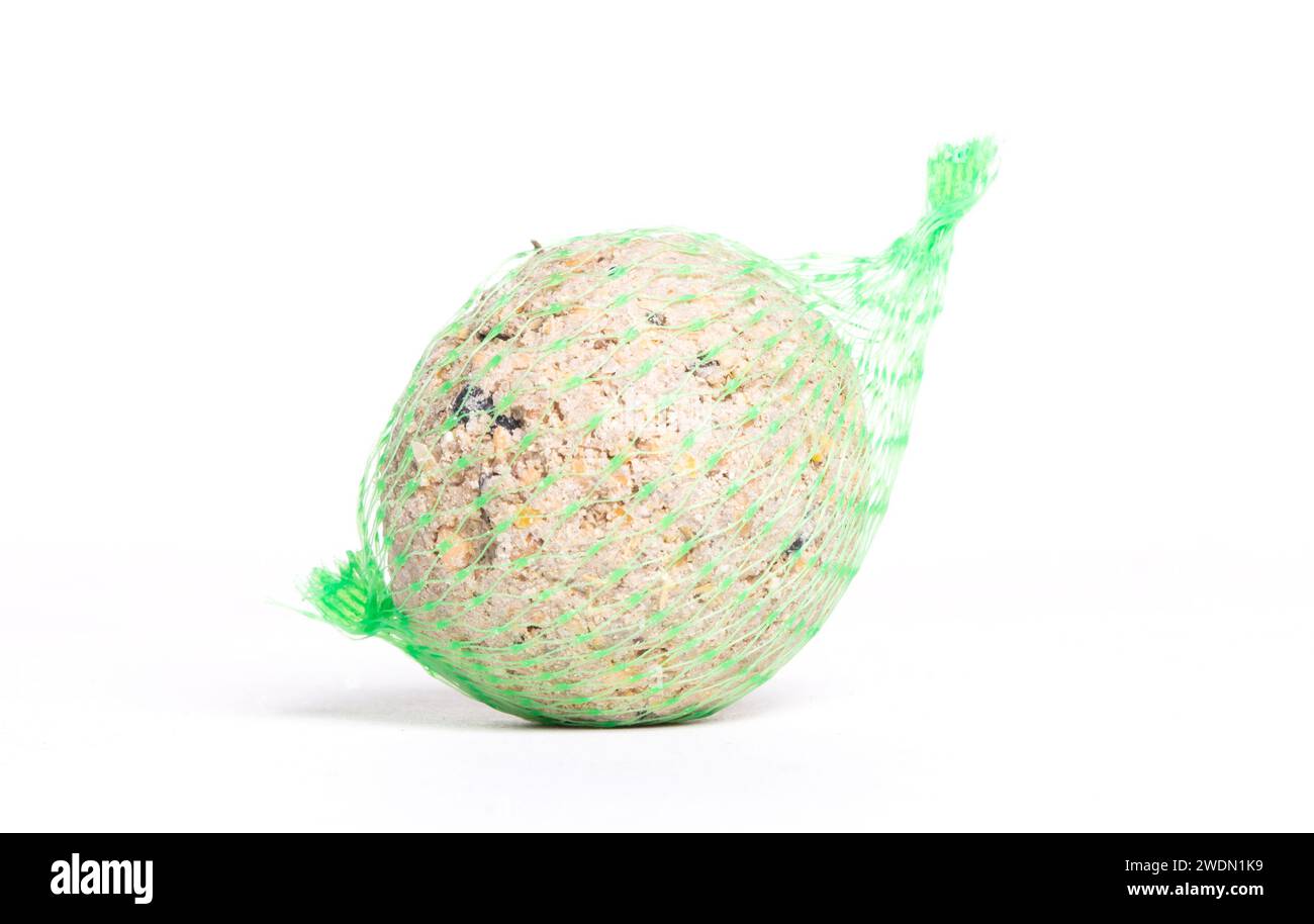 Fat ball for feeding wild garden birds, suet, in nets, isolated on