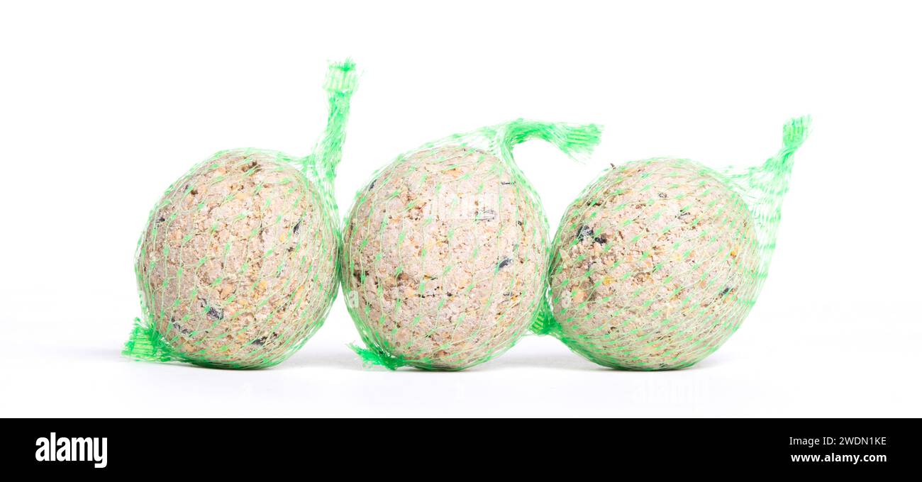 Fat balls for feeding wild garden birds, suet, in nets, isolated on