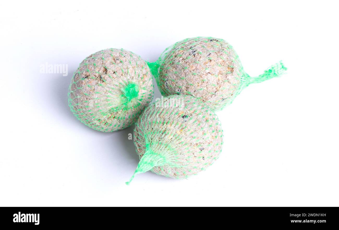 Fat balls for feeding wild garden birds, suet, in nets, isolated on