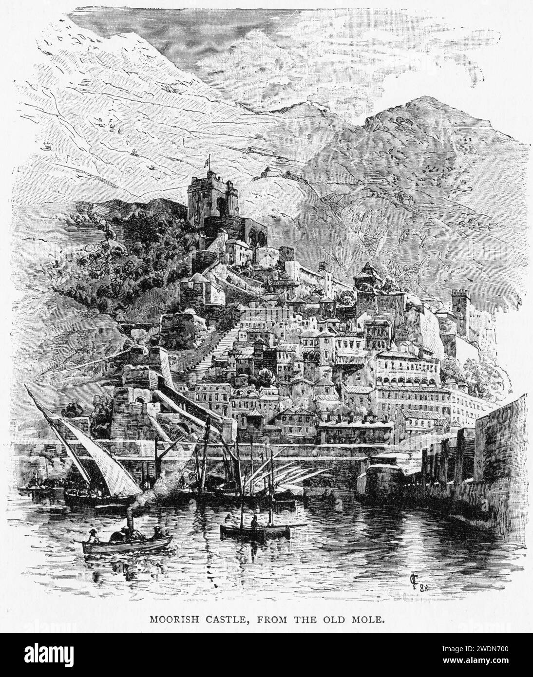 Engraving of a moorish castle, from the old mole at Gibraltar, circa 1880 Stock Photo