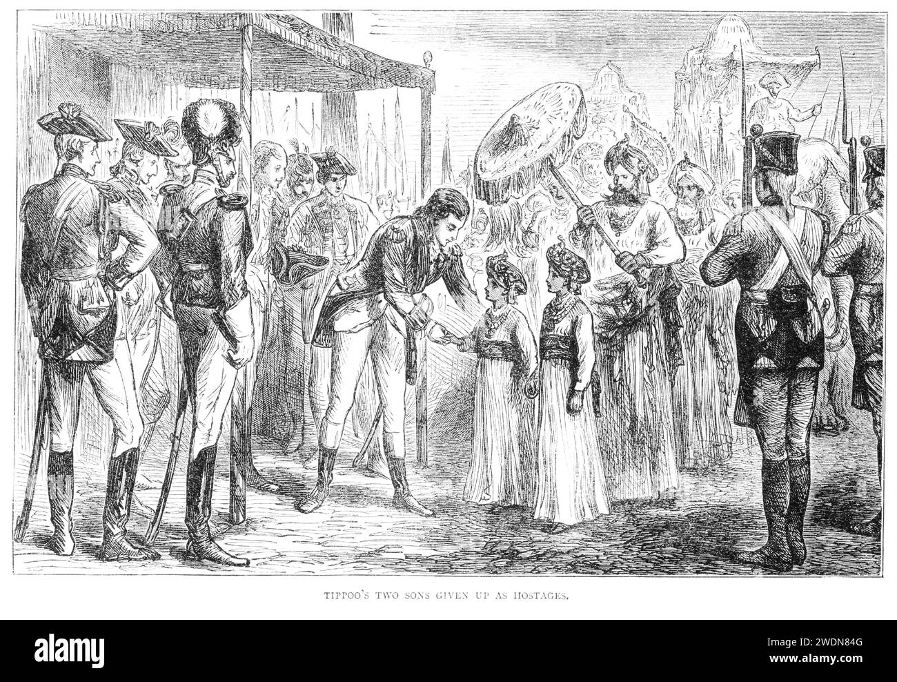 The two sons of Tipu Sahib, Sultan of Mysore, being handed over as hostages to General Cornwallis. This event ended the Third Anglo-Mysore War. Lord Cornwallis had defeated Tipu in May 1791 but the ‘Definitive Treaty’ was not signed until March 1792, at which time two of Tipu’s sons were taken as temporary hostages by the British to ensure compliance with the treaty. Image published 1904. Stock Photo