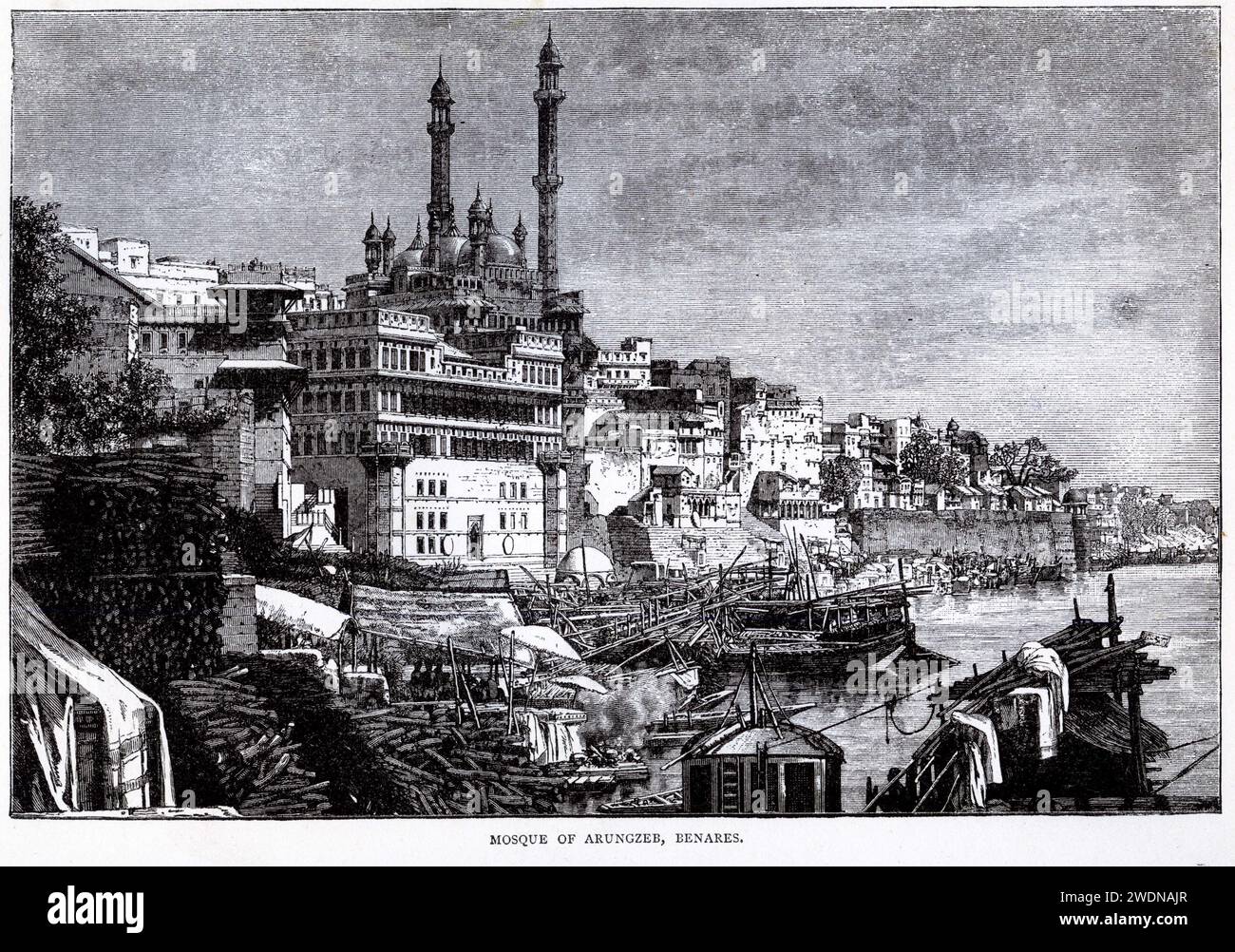 Engraving of the Mosque of Aurangzeb, now known as the Gyanvapi Mosque, on the banks of the River Ganges in the city of Benares. Benares is more commonly known as Varanasi and is of great religious significance to Hinduism. Stock Photo