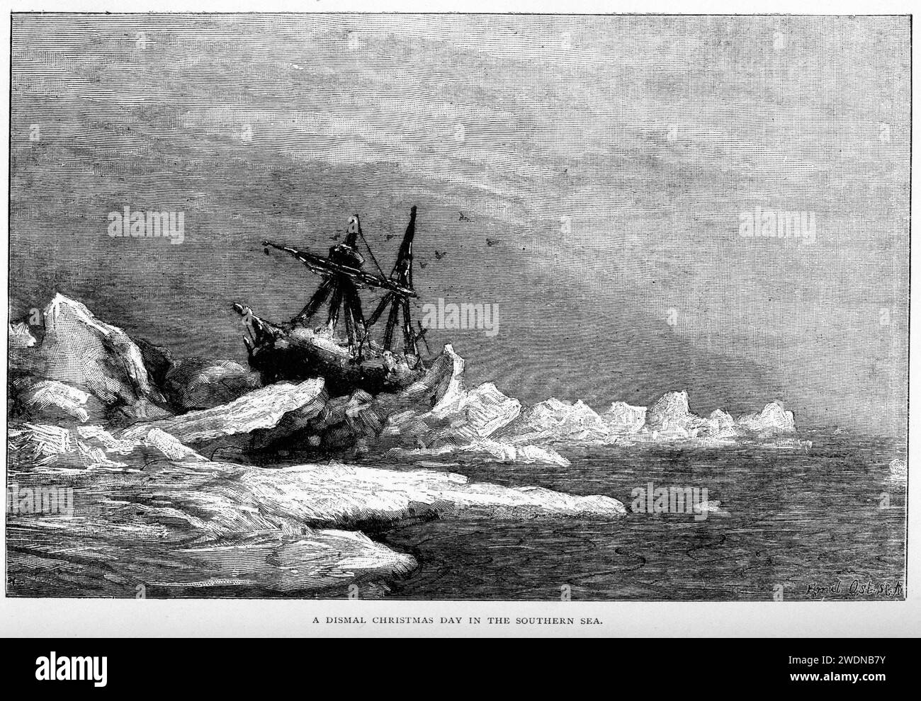 Engraving of a sailing ship trapped in an icefloe near Antarctica Stock Photo