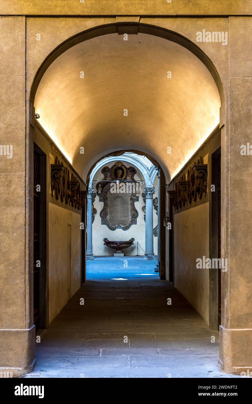 Florence, Italy - July 2023, 15: The courtyard of the Palazzo Medici Riccardi, designed by Michelozzo di Bartolomeo and built between 1444 and 1484 Stock Photo