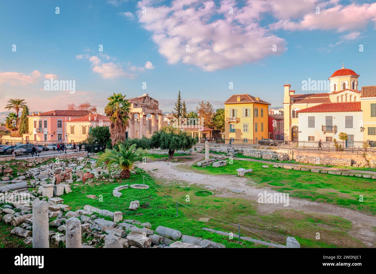 The ruins of the Roman Agora seen from the north. The site is located. to the north of the Acropolis of Athens, in Greece. Stock Photo