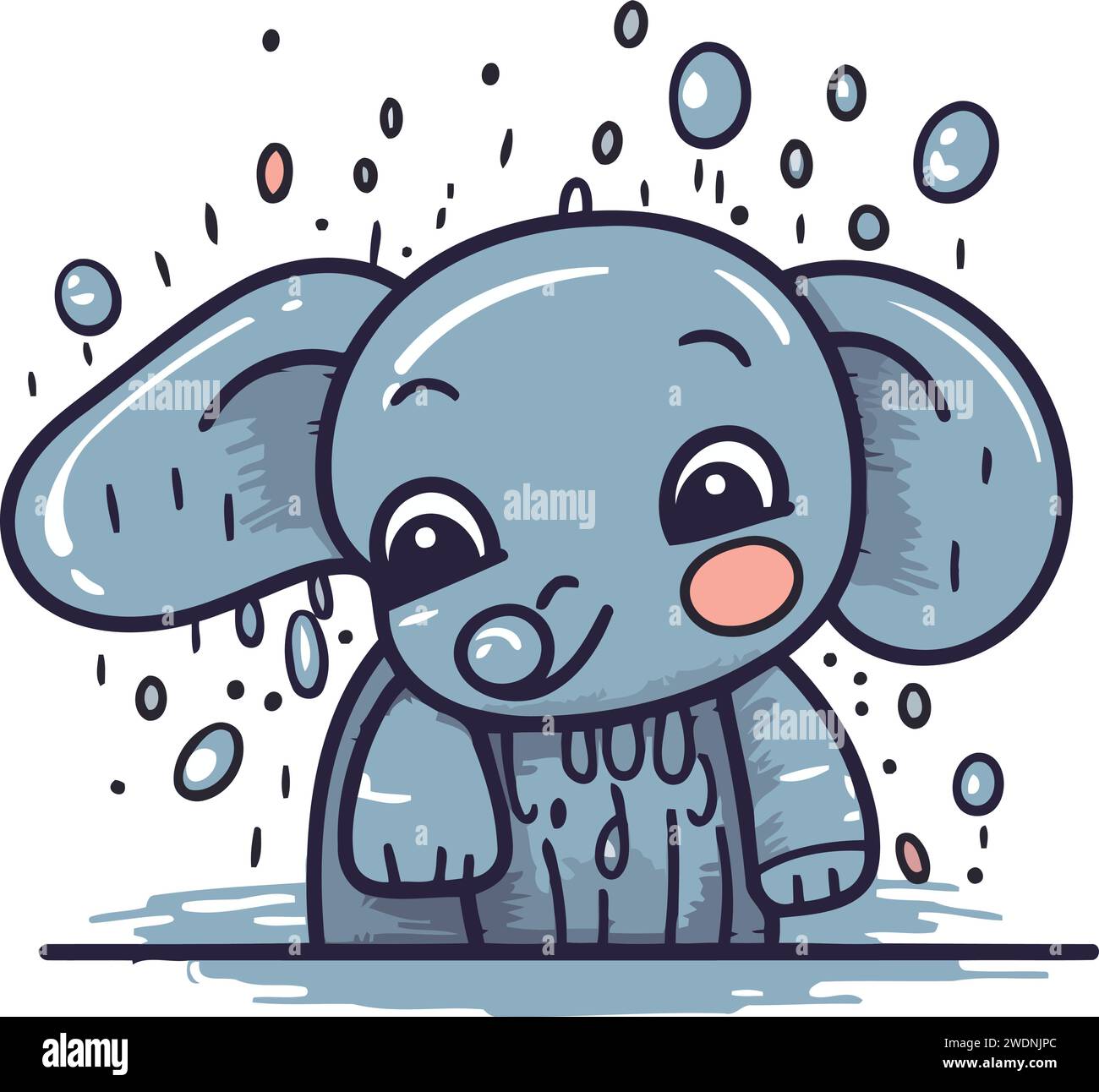 Cute little elephant with rain drops. Hand drawn vector illustration. Stock Vector