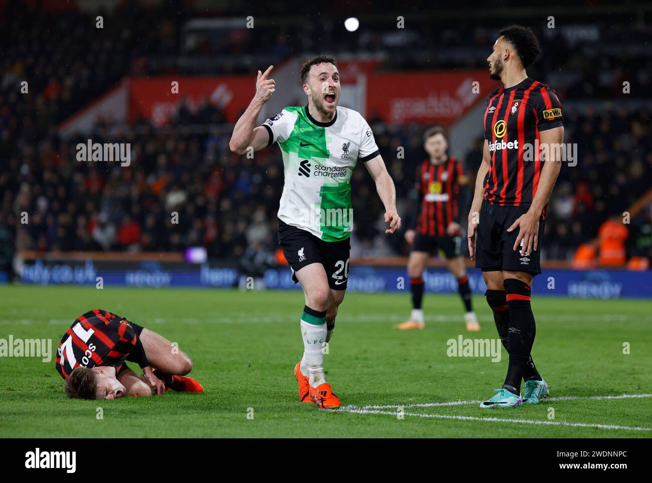 Vitality Stadium, Boscombe, Dorset, UK. 21st Jan, 2024. Premier League Football, AFC Bournemouth versus Liverpool; Diogo Jota of Liverpool celebrates scoring his goal for 0-3 in the 79th minute Credit: Action Plus Sports/Alamy Live News Stock Photo