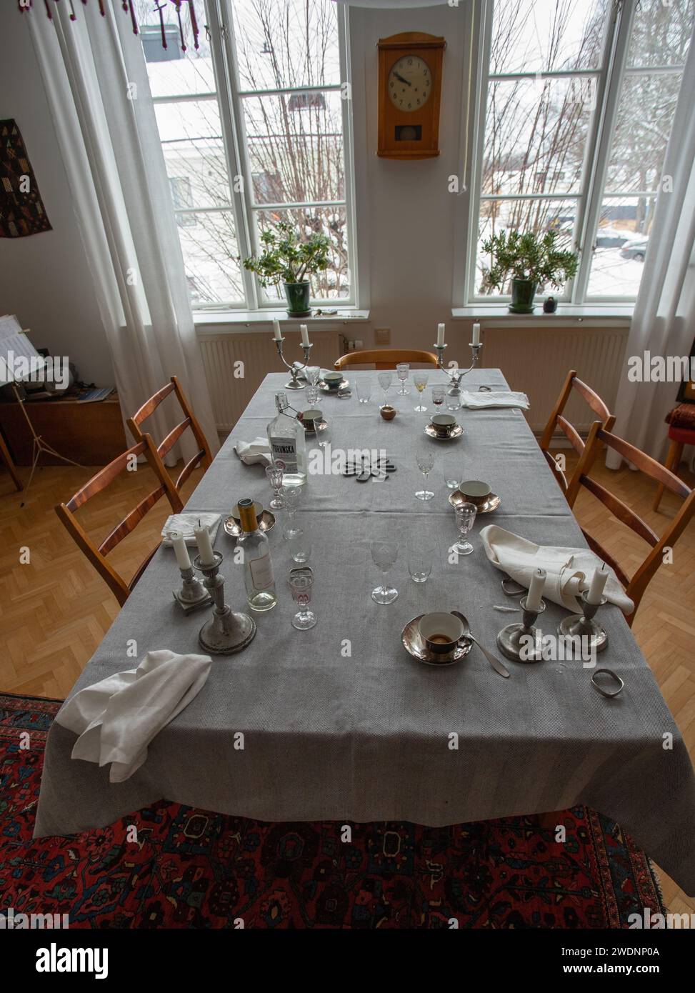 The party is over. Dinner table after party. Empty plate after dinner ...