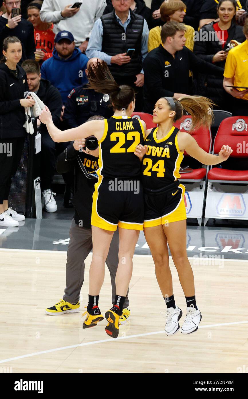 COLUMBUS, OH - JANUARY 21: Iowa Hawkeyes guard Caitlin Clark (22) chest  bumps guard Gabbie Marshall (24) before the game against the Ohio State  Buckeyes on January 21, 2024, at Value City