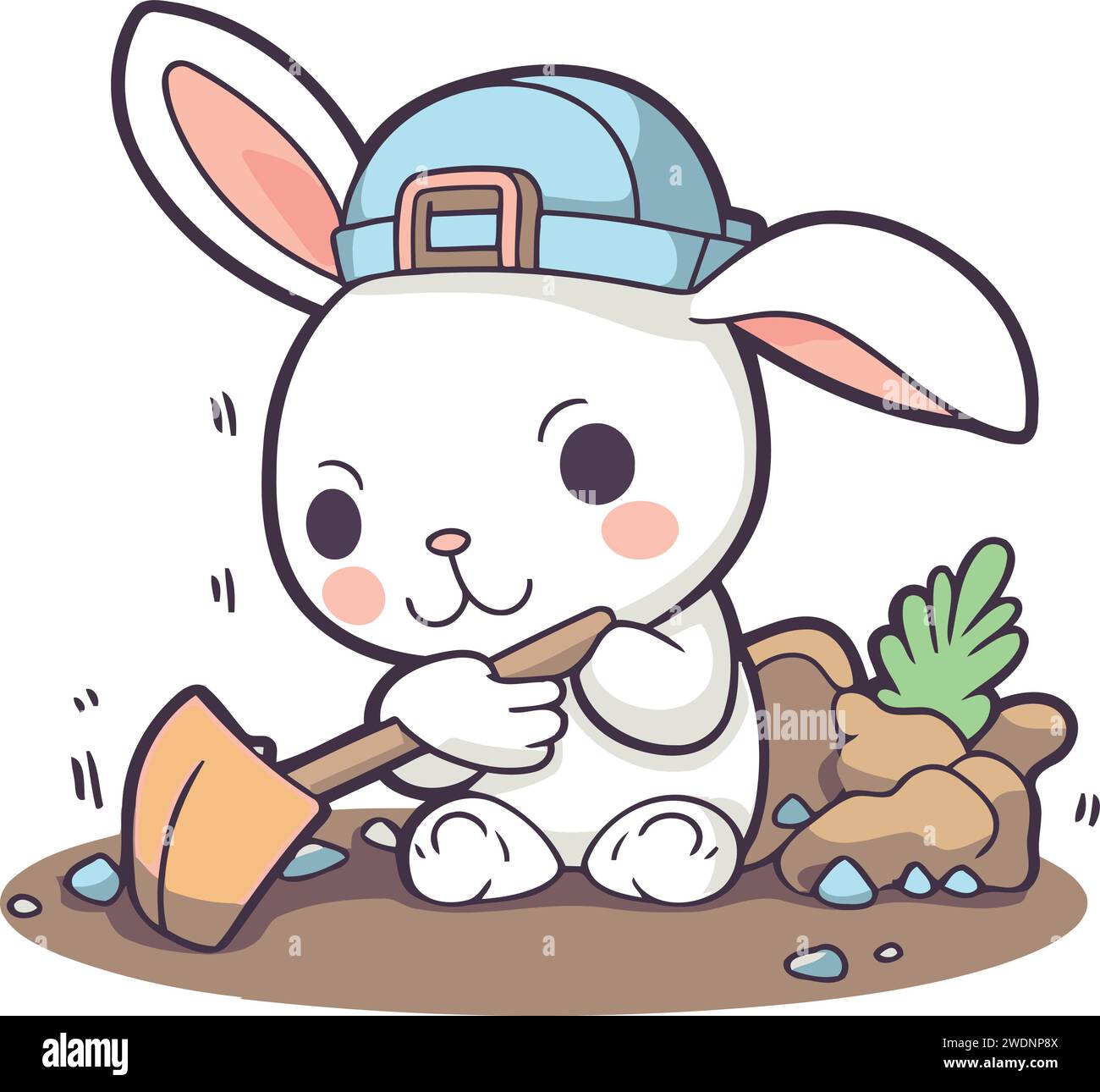 Rabbit digging a hole in the ground cartoon character vector