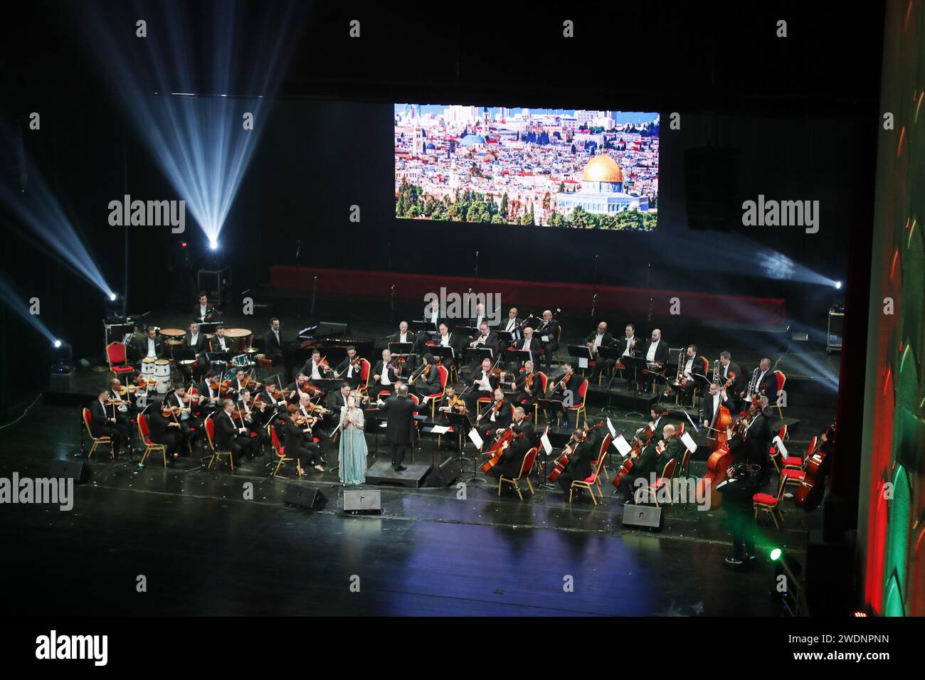 A major solidarity concert titled ''Peace for Palestine'' is taking place at the Algiers Opera in Algiers, Algeria, on January 20, 2024. ''Peace for Palestine'' is conveying a message of peace from Algerian cultural and artistic events, emphasizing the sympathy of the Algerian people and government for the Palestinians. (Photo by Billel Bensalem/APP) (Photo by APP/NurPhoto)0 Credit: NurPhoto SRL/Alamy Live News Stock Photo