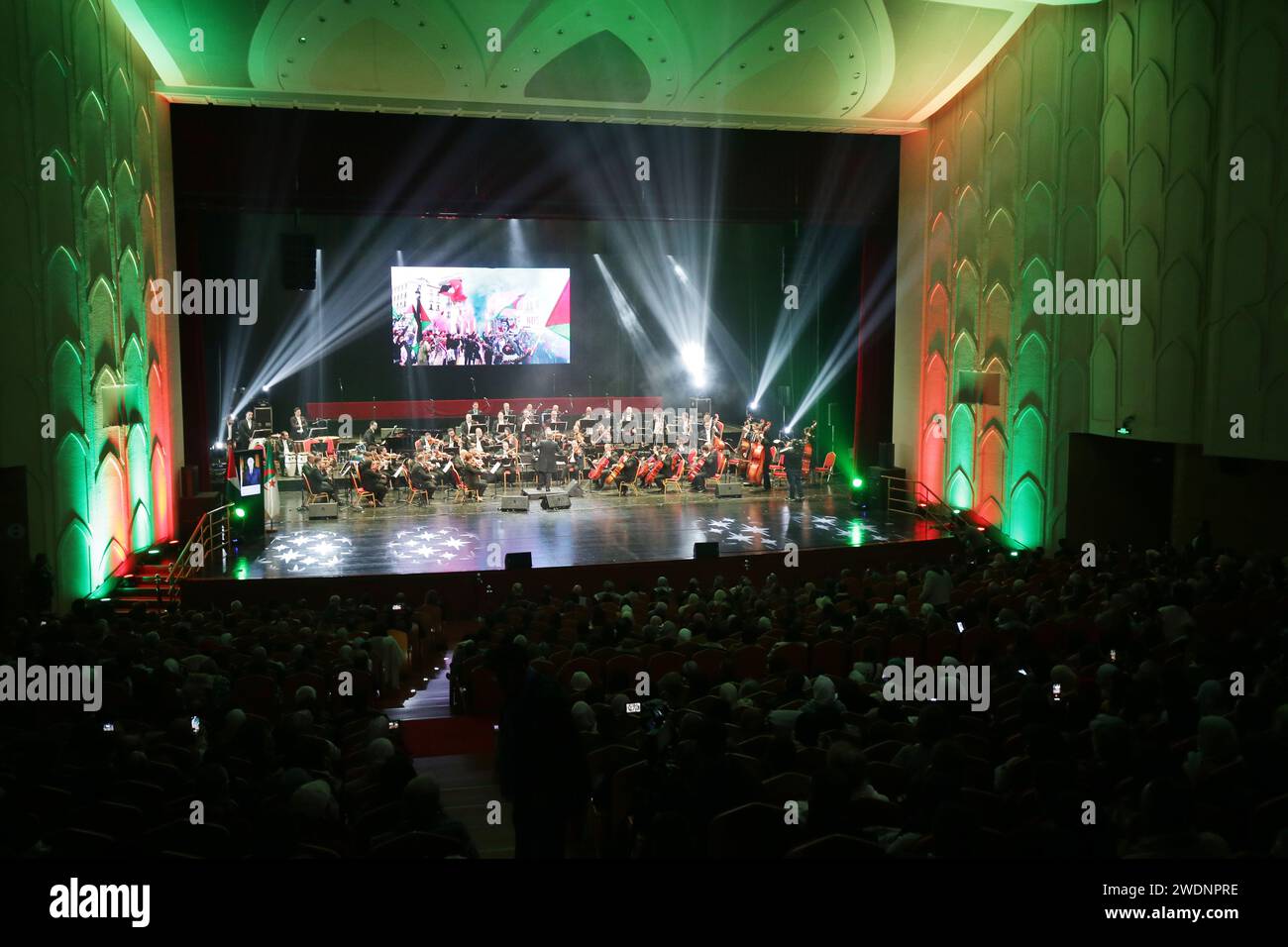 A major solidarity concert titled ''Peace for Palestine'' is taking place at the Algiers Opera in Algiers, Algeria, on January 20, 2024. ''Peace for Palestine'' is conveying a message of peace from Algerian cultural and artistic events, emphasizing the sympathy of the Algerian people and government for the Palestinians. (Photo by Billel Bensalem/APP) (Photo by APP/NurPhoto)0 Credit: NurPhoto SRL/Alamy Live News Stock Photo