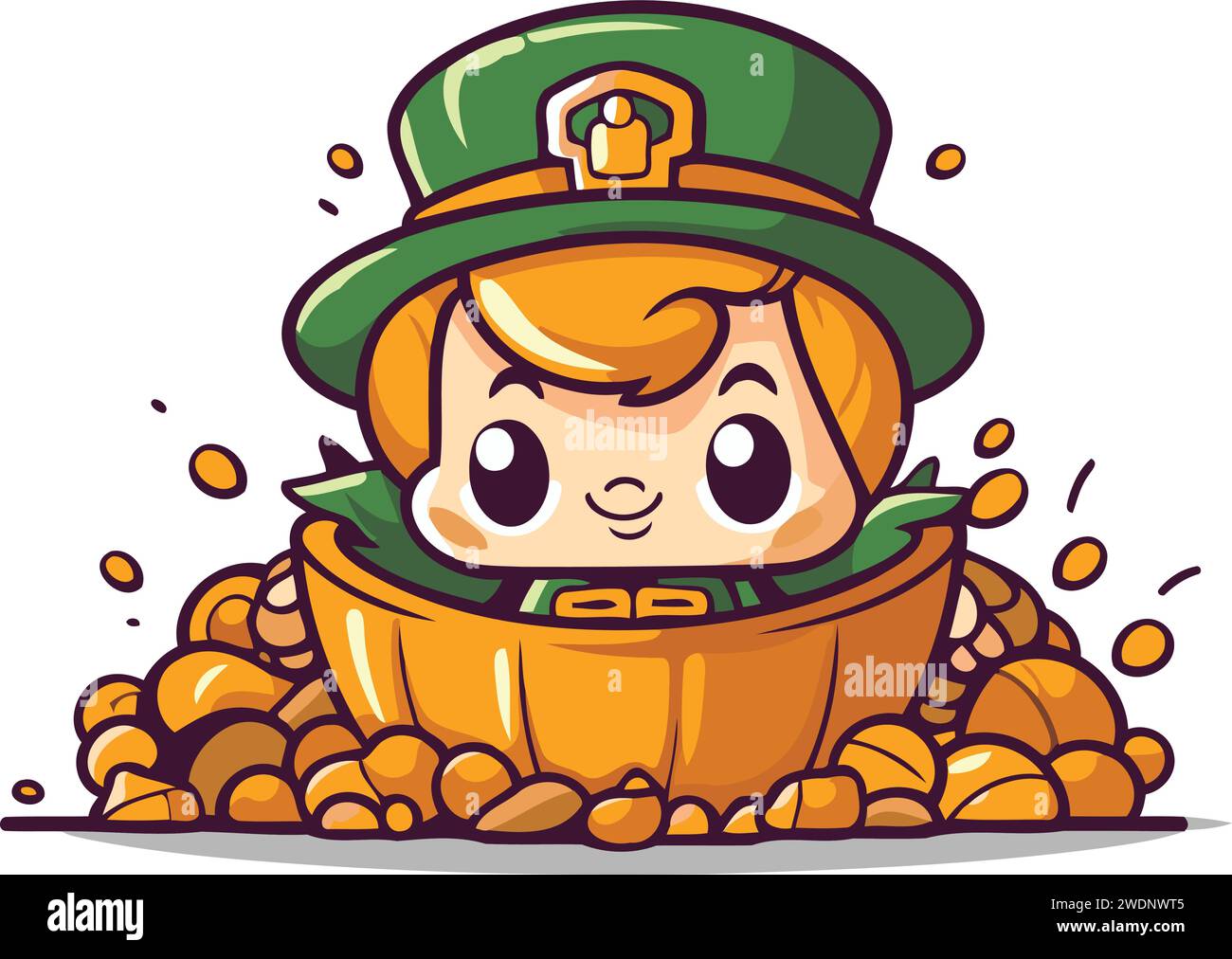 Leprechaun in pot full of gold coins. Vector illustration Stock Vector ...