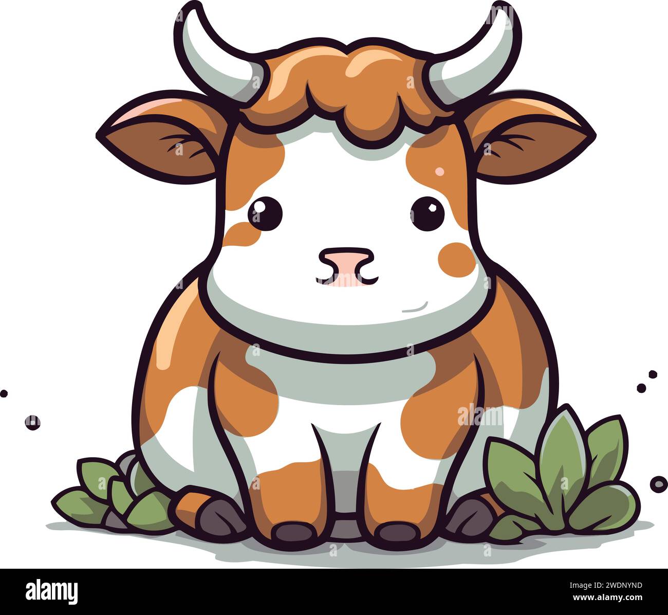 Cute cartoon cow sitting on grass. Vector illustration isolated on white background. Stock Vector