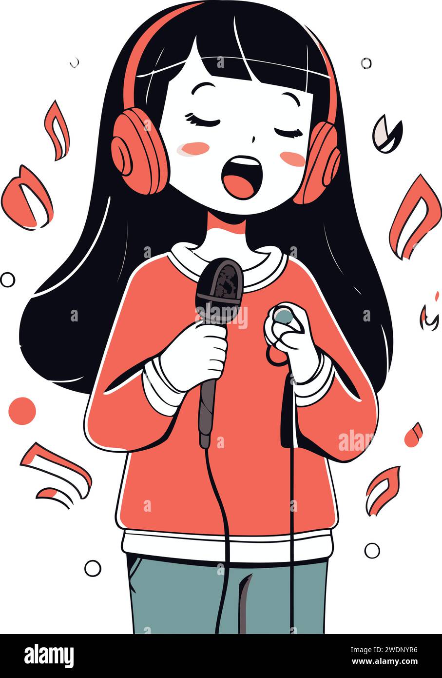 Cute little girl singing karaoke in headphones. Vector illustration