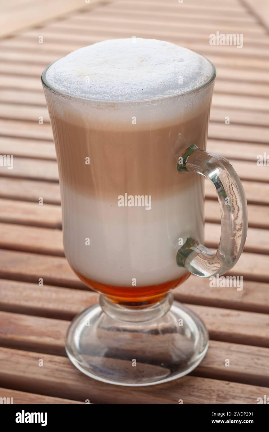 Irish coffee latte style coffee drink made from a mixture of Fore Coffee's signature latte drink and including non-alcoholic rum Stock Photo