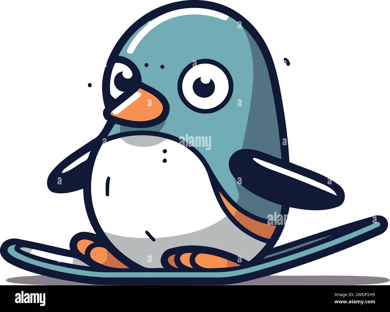 Cute penguin sitting on skis. Cartoon vector illustration Stock Vector