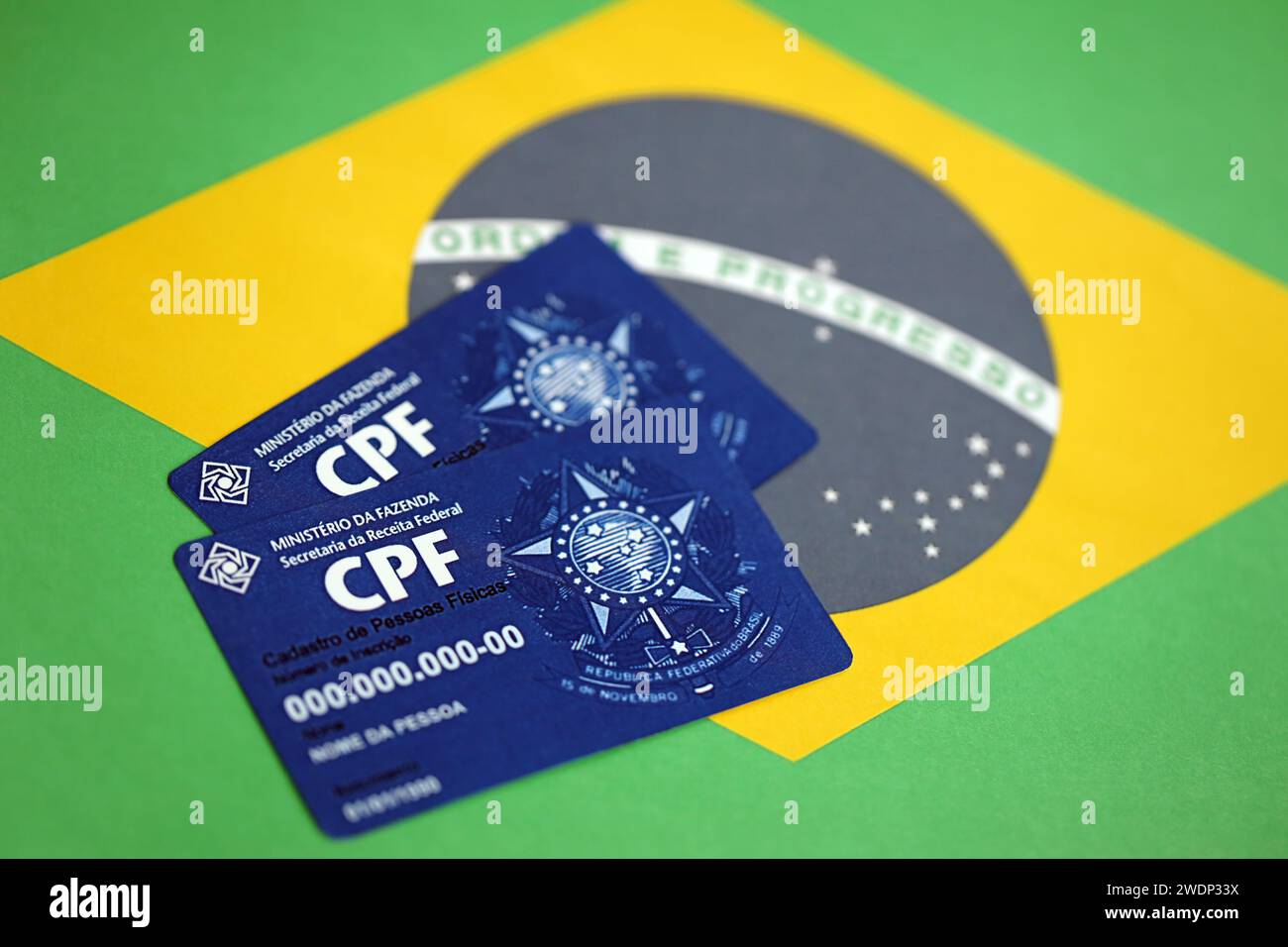 KYIV, UKRAINE - OCTOBER 31, 2023 Blue CPF card document template. The document guarantees authenticity and integrity in electronic communication between people in Brazil. Cadastro de Pessoa Fisica Stock Photo