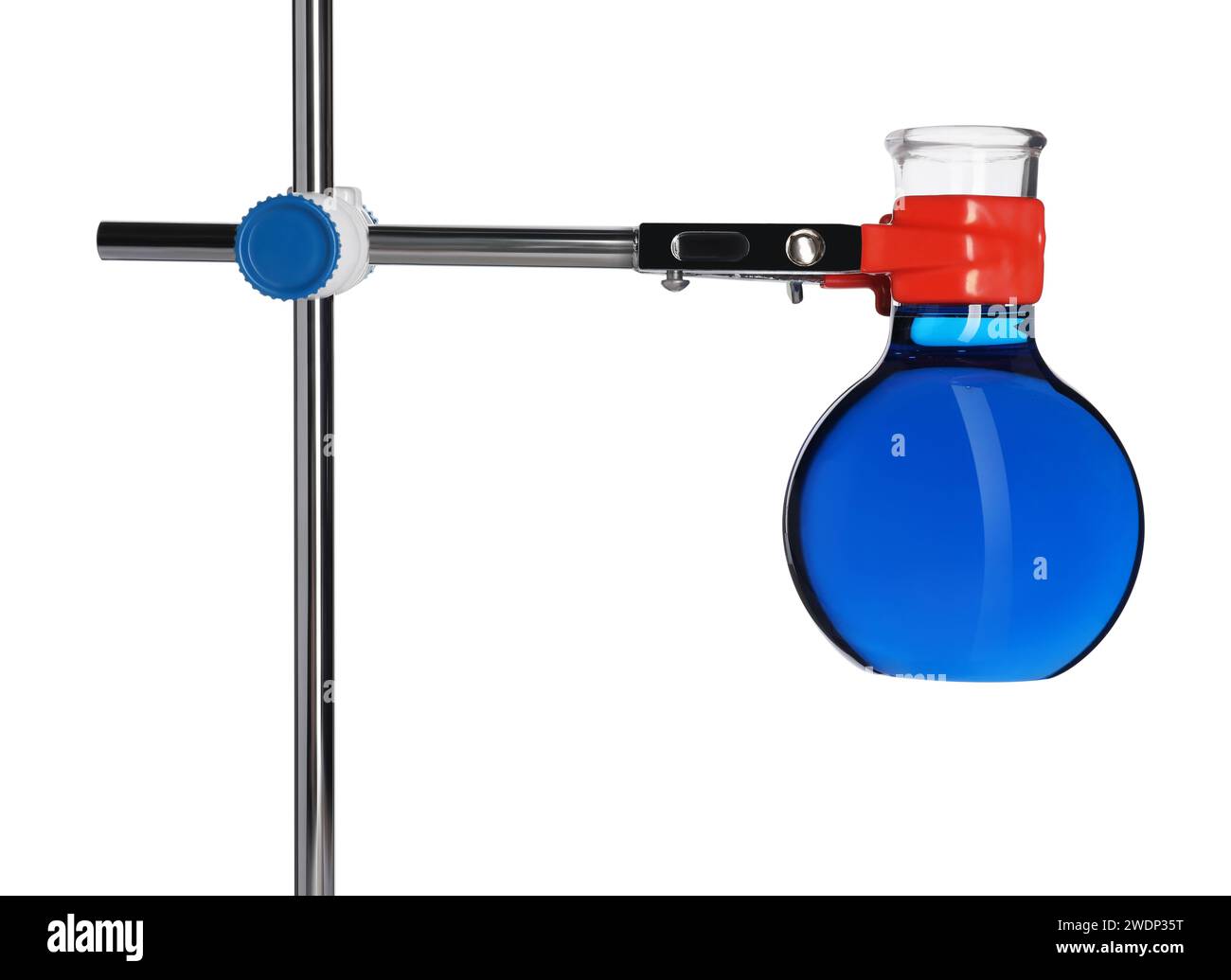 Retort stand with flask of blue liquid isolated on white Stock Photo
