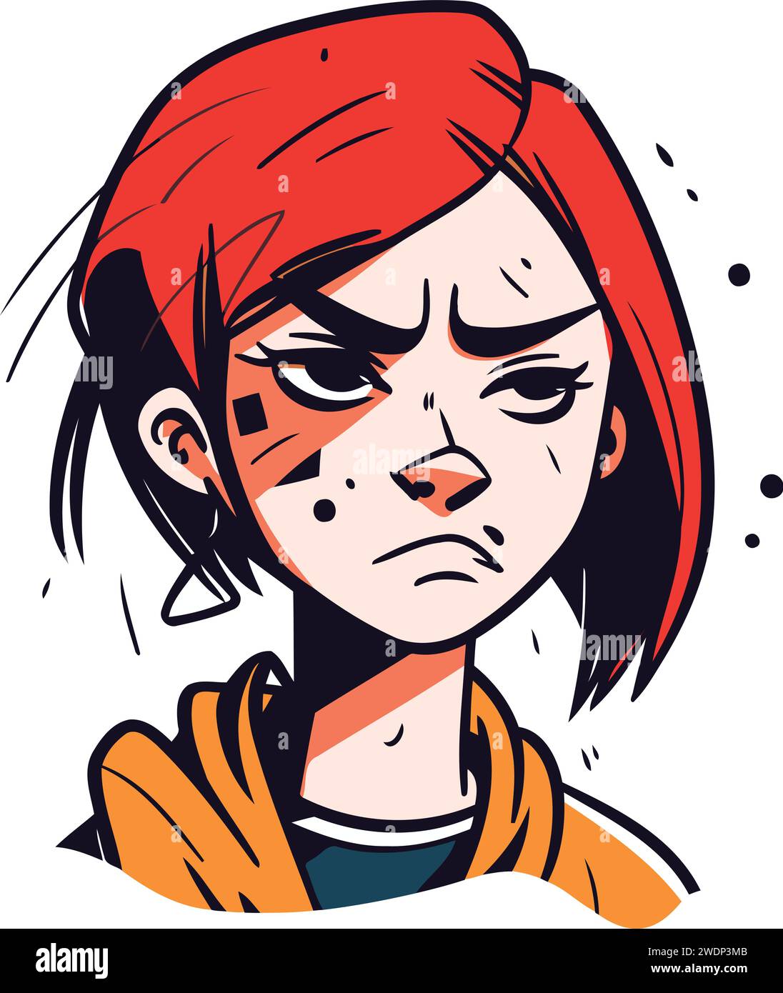 Vector illustration of a sad girl with red hair in a yellow raincoat. Stock Vector
