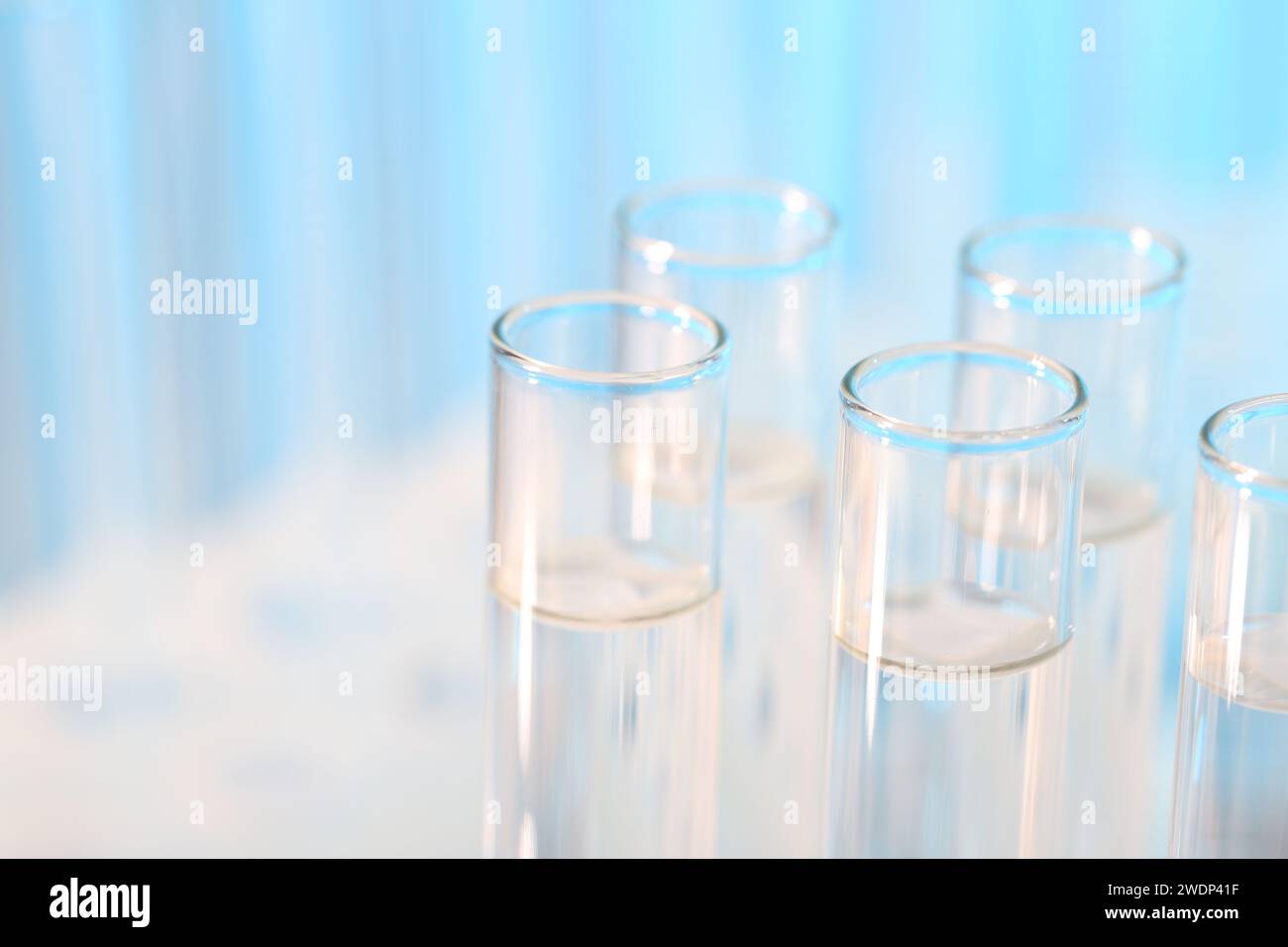 Laboratory analysis. Many glass test tubes on light blue background ...