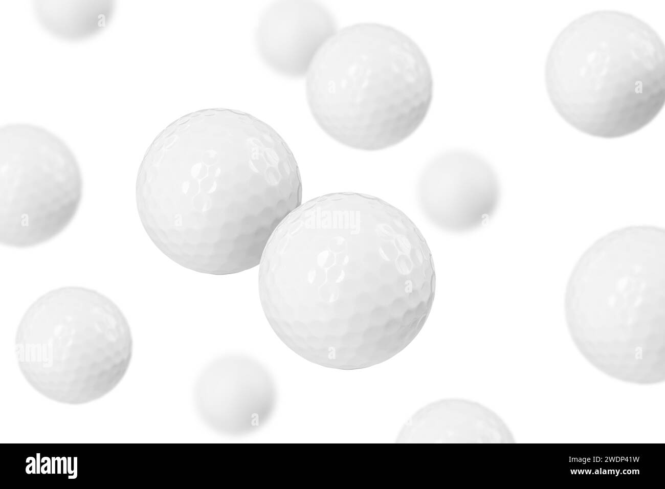 Many golf balls flying on white background Stock Photo - Alamy