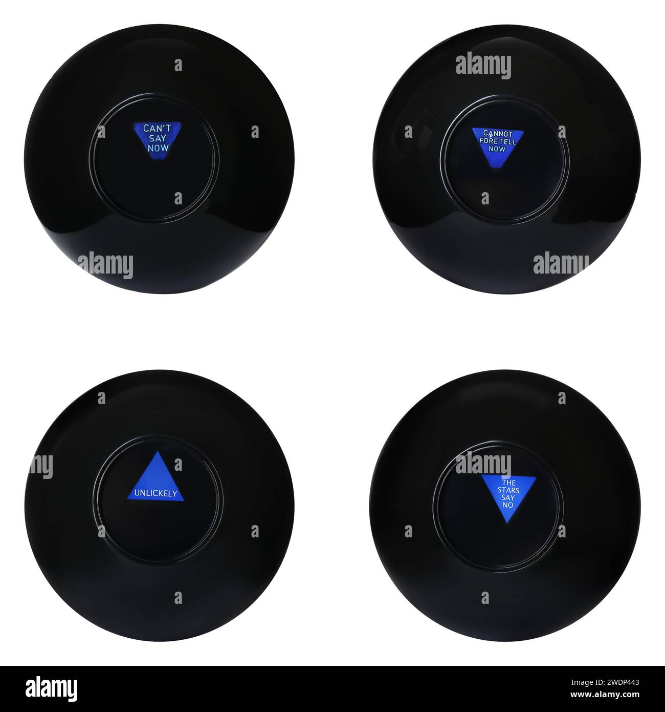 Magic eight ball with different predictions isolated on white ...