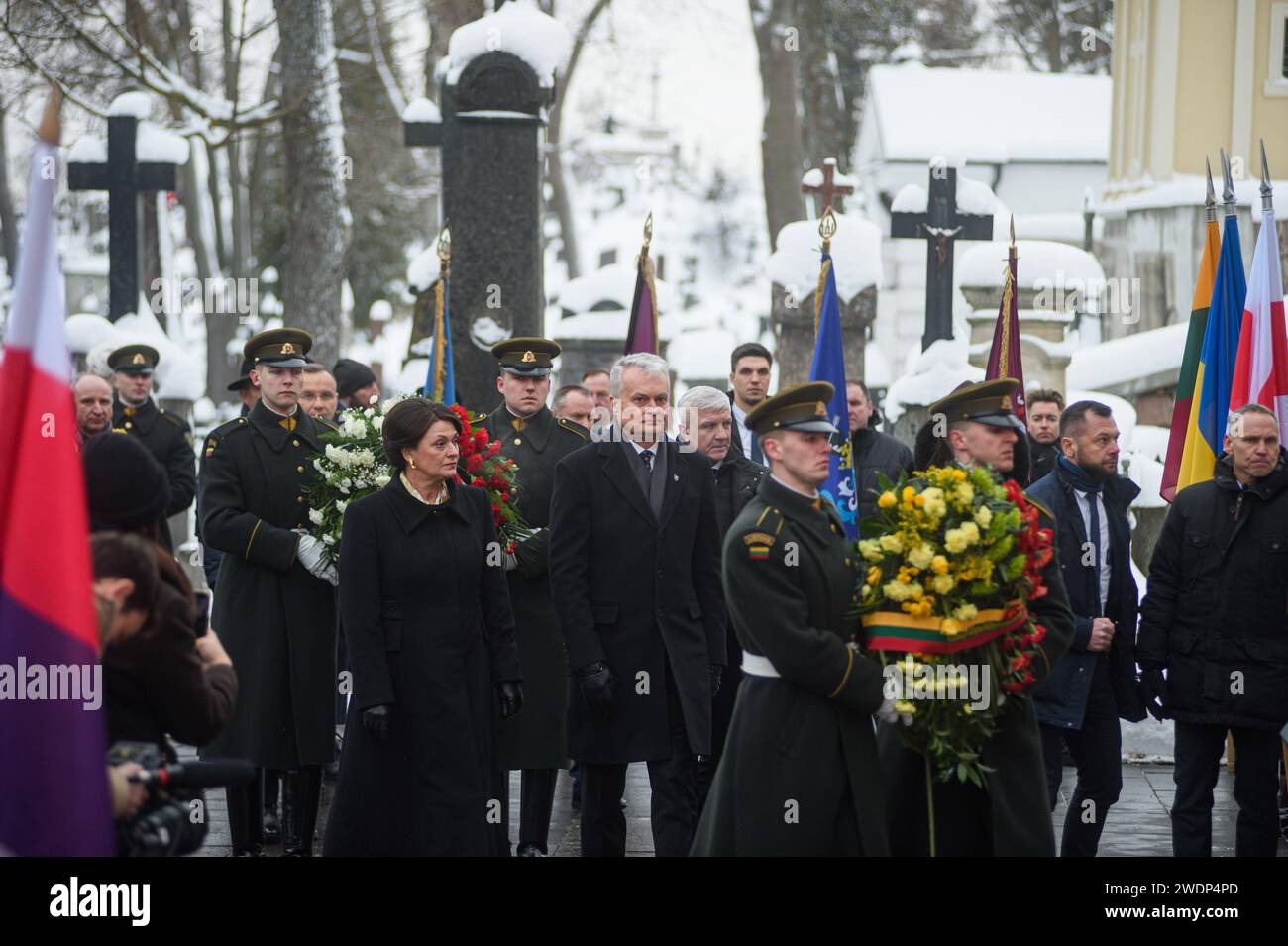 Vilnius, Lithuania. 21st Jan, 2024. Lithuanian President Gintas Nauseda and First Lady Diana Nausediene attend the 161st anniversary ceremony of the anti-Russian January Uprising at the Rasu Cemetery. Credit: SOPA Images Limited/Alamy Live News Stock Photo