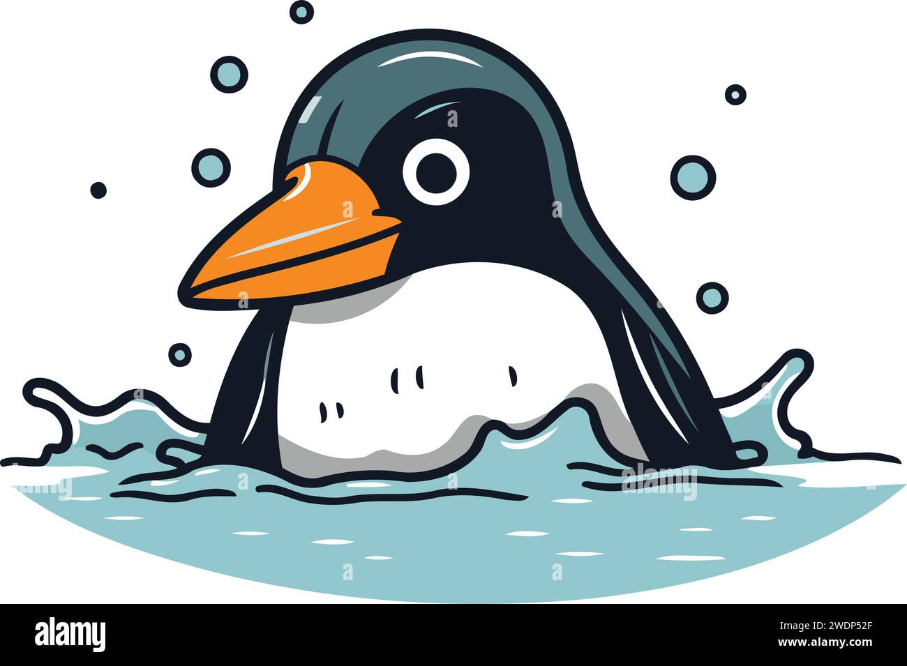 Cute cartoon penguin swimming in the sea. Vector illustration Stock