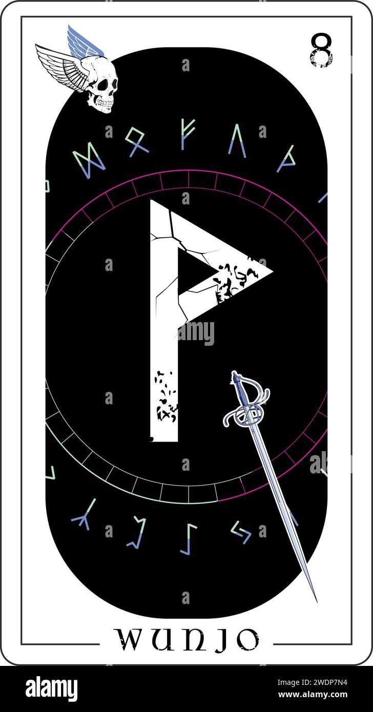 Viking tarot card with runic alphabet. runic letter called Wunjo next to a medieval sword. Stock Vector