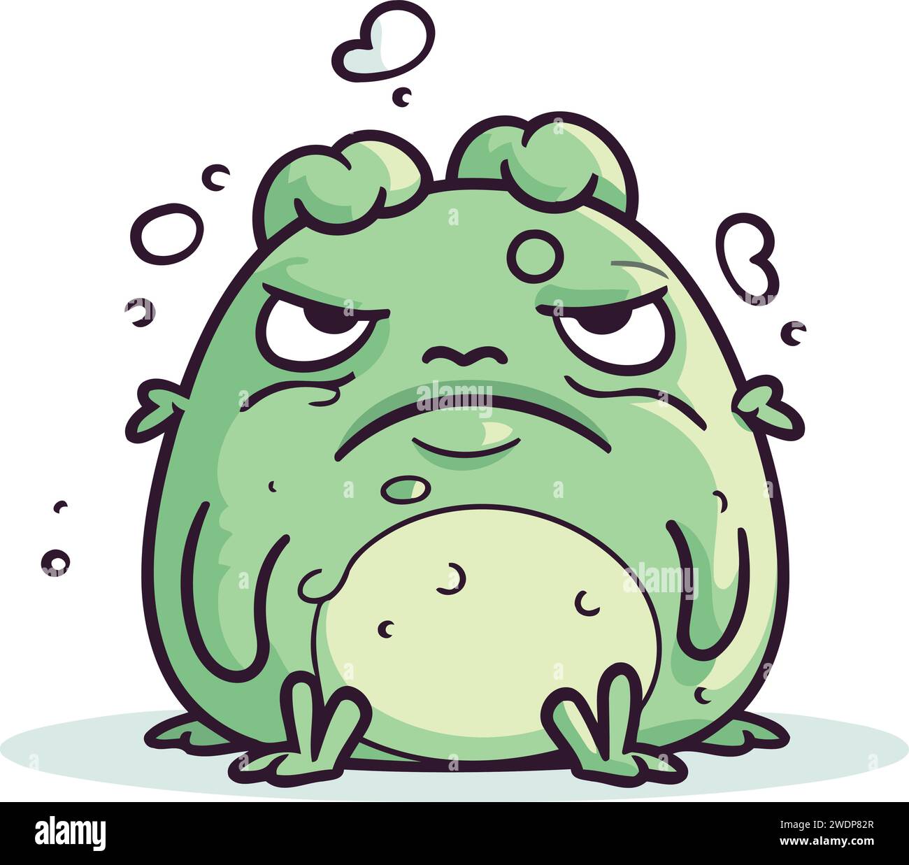Sad cartoon frog. Vector illustration of a green frog with sad eyes