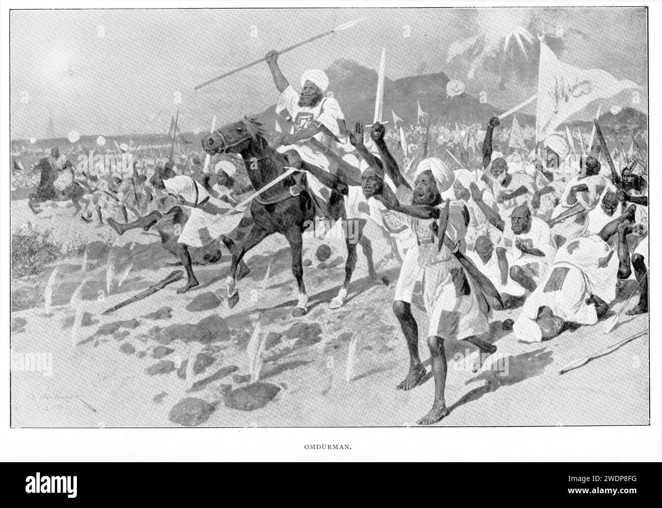 The Battle of Omdurman was fought during the Anglo-Egyptian conquest of Sudan between a British–Egyptian expeditionary force commanded by British Commander-in-Chief (sirdar) major general Horatio Herbert Kitchener and a Sudanese army of the Mahdist State, led by Abdallahi ibn Muhammad (the Khalifa), the successor to the self-proclaimed Mahdi, Muhammad Ahmad. The battle took place on 2 September 1898, at Kerreri, 11 kilometres (6.8 mi) north of Omdurman. Stock Photo