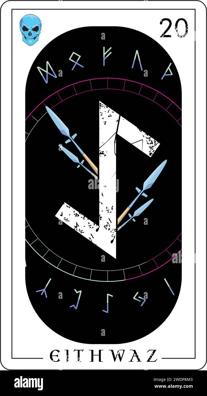 Viking tarot card with runic alphabet. Runic lettering called Eithwaz next to a pair of spears isolated on black. Stock Vector