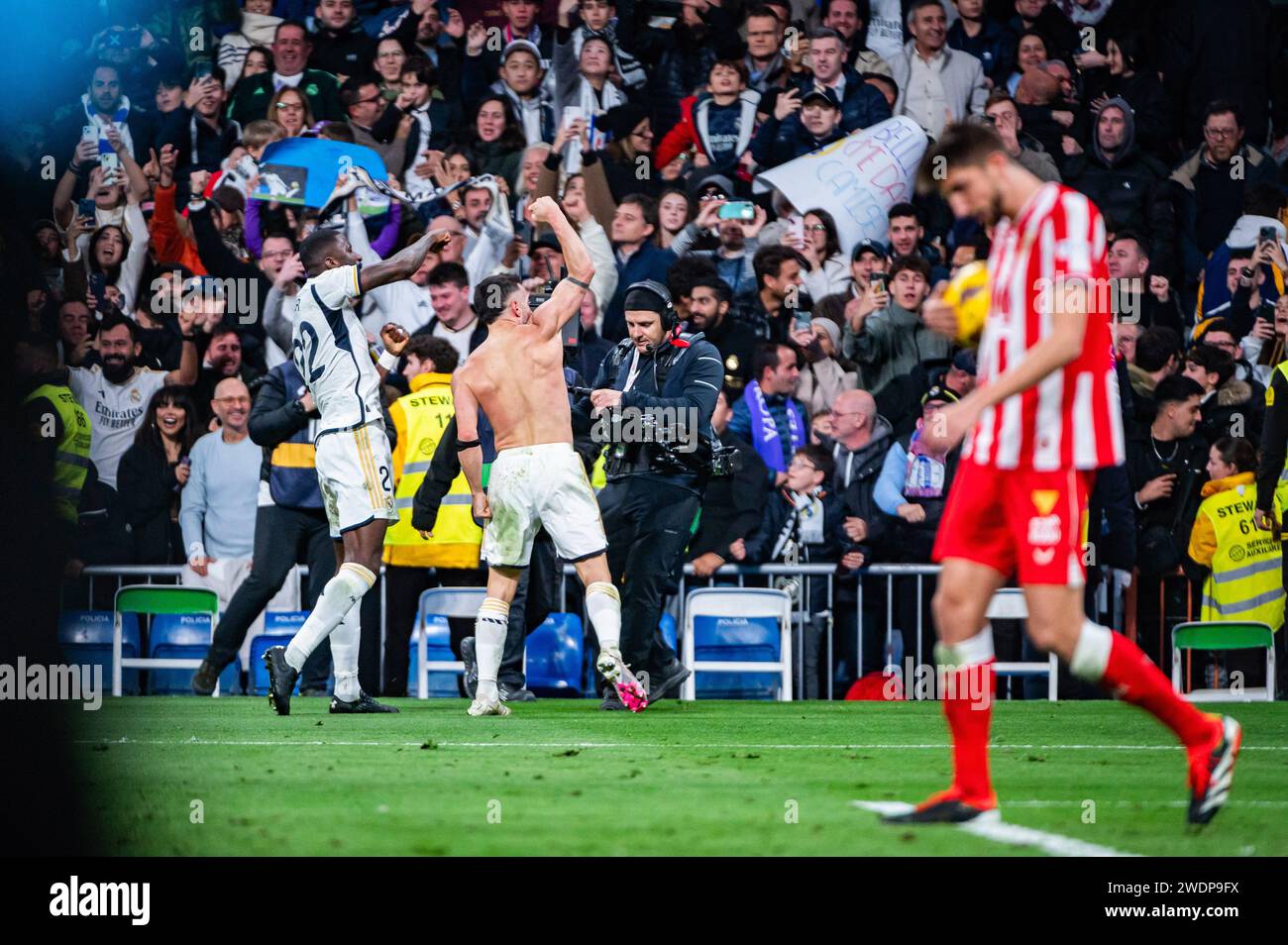 Madrid, Spain. 21st Jan, 2024. Daniel Carvajal (L) of Real Madrid celebrates with Antonio Rudiger (R) the victory goal in the final minutes of the La Liga EA Sports 23/24 football match between Real Madrid vs Almeria at Bernabeu Stadium in Madrid. Real Madrid 3 : 2 Almeria Credit: SOPA Images Limited/Alamy Live News Stock Photo