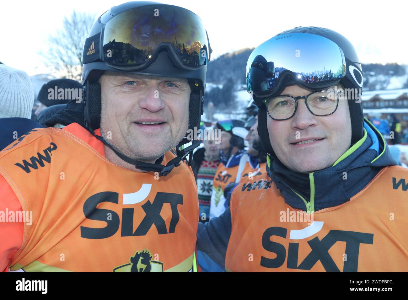 KITZBUEHEL, AUSTRIA 20. January 2024: ADIDAS CEO Bjorn GULDEN (L) and Andreas SEIDLl, German, motorsport engineer and manager. He is currently the chief executive officer of Sauber Motorsport, and previously team principal of the McLaren Formula One team and the hybrid Porsche LMP1 program. Kitz CHARITY Event - the 'KitzCharityTrophy 2024' on the sidelines of the Men's Downhill event of FIS Alpine Skiing World Cup in Kitzbuehel, Austria on January 20, 2024. HAHNENKAMM-SKI ALPINE Men's downhill race weekend, - Hahnenkamm Rennen, fee liable image - Photo Credit: © Arthur THILL ATP images (THILL Stock Photo