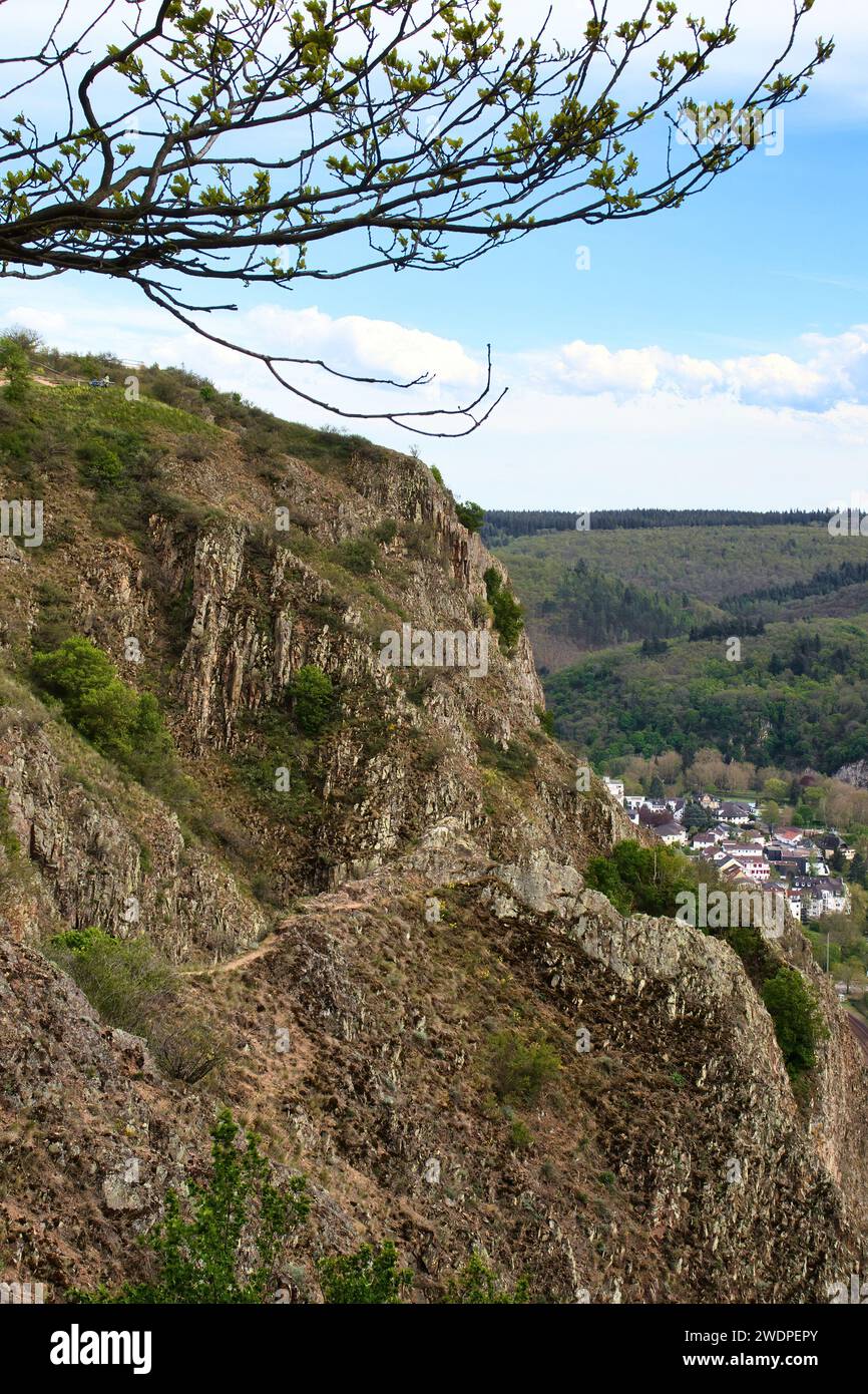 Cliff with plants at Rotenfels, above Bad Munster, Germany on a spring day. Stock Photo