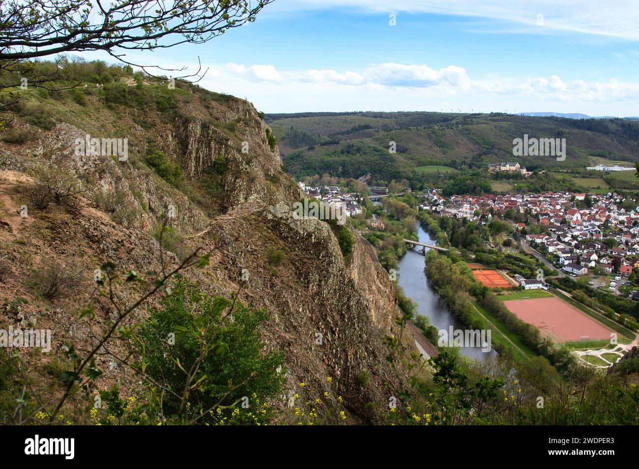 Bad Munster, Germany - May 9, 2021: Cliff in Rotenfels overlooking the Nahe River and Bad Munster, Germany on a spring day. Stock Photo