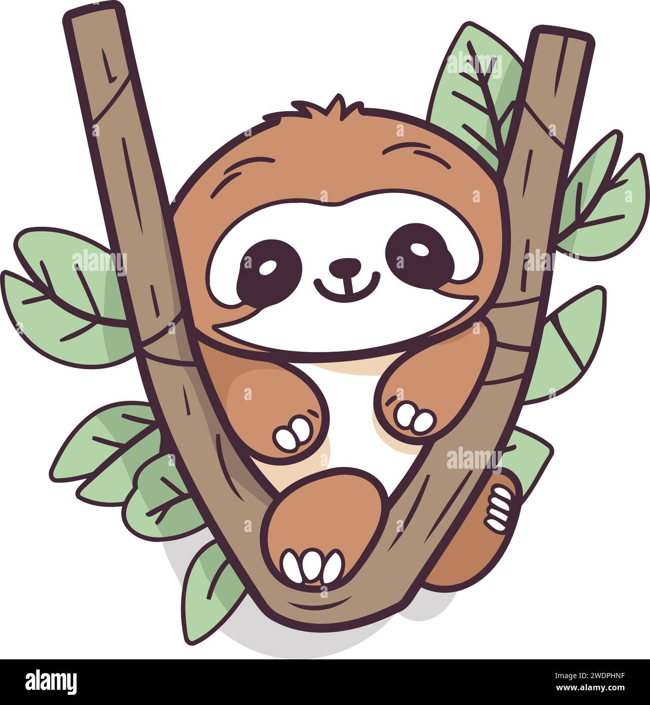 Cute cartoon sloth hanging on a tree. Vector illustration Stock Vector