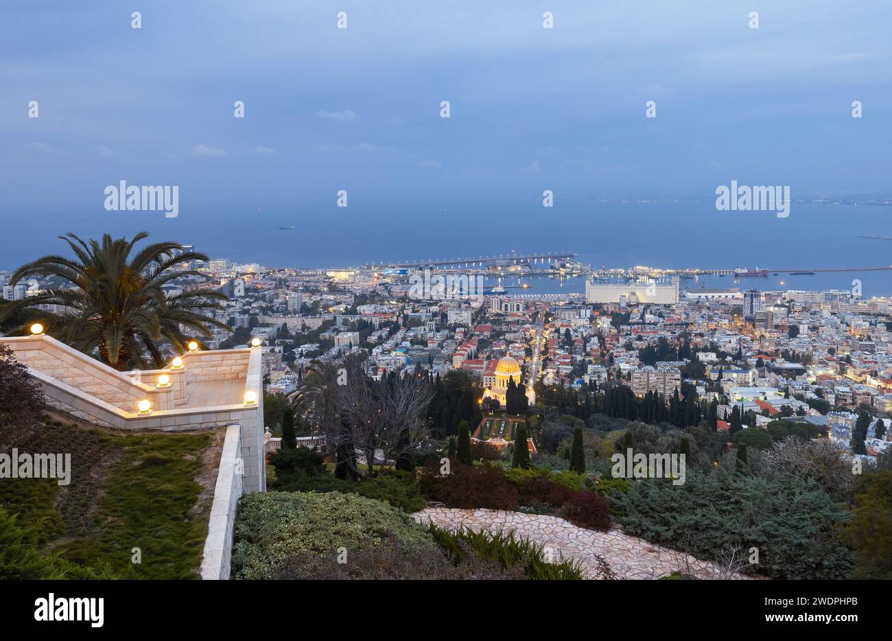 view from Mount Carmel to the evening Haifa Bay, Israel Stock Photo