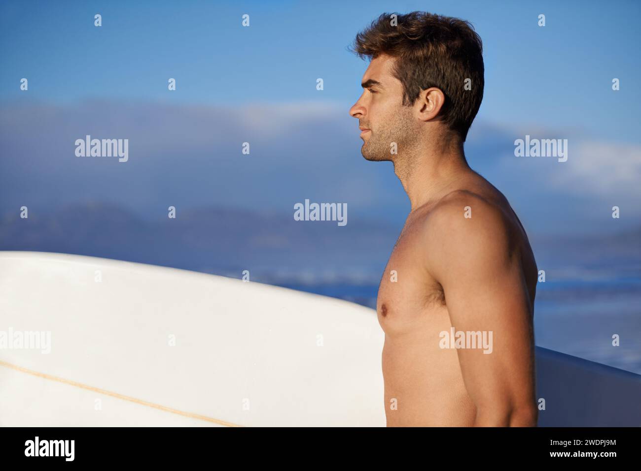 Thinking, surfing and man with surfboard by ocean for, waves on summer ...