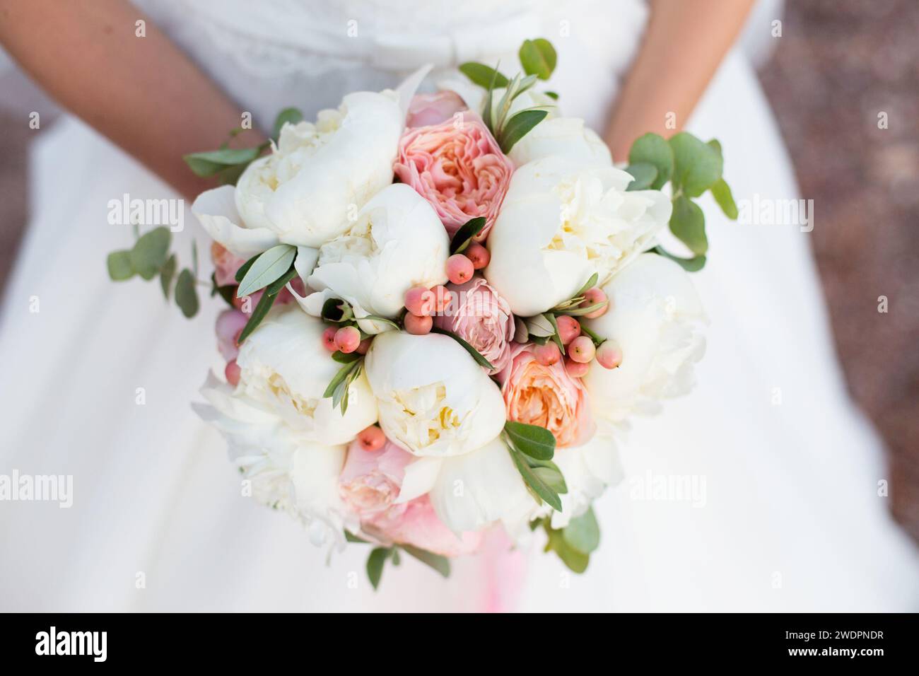 wedding bouquet, white peony and david austin Stock Photo - Alamy