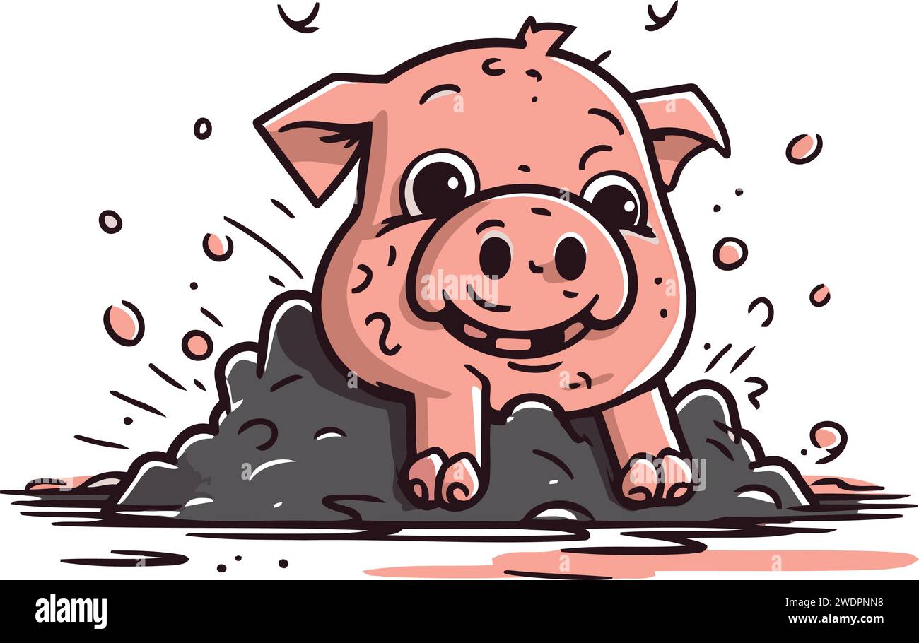 Cute cartoon pig in the mud. Vector illustration for your design Stock ...